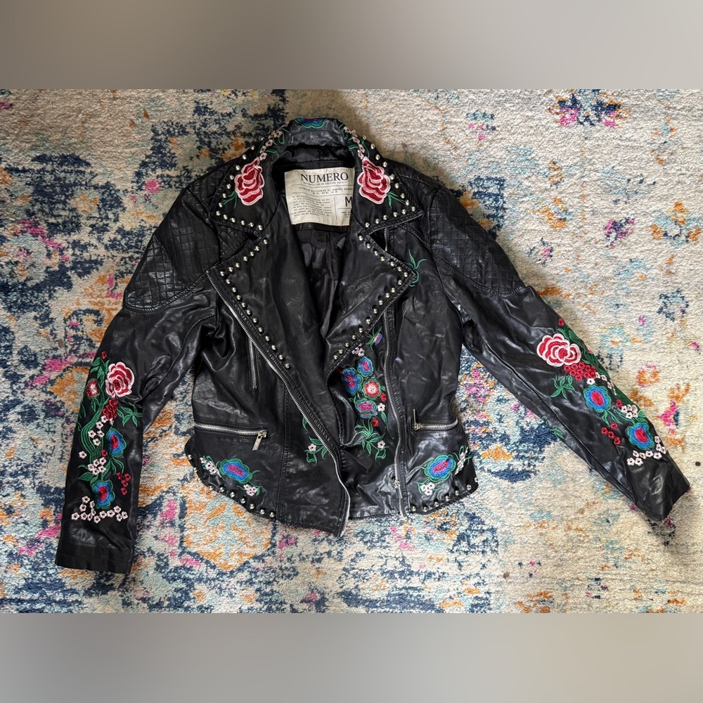 Numero Black Leather Jacket with Floral Embroidery Medium